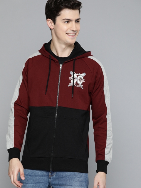

HERE&NOW Men Burgundy & Black Colourblocked Hooded Sweatshirt