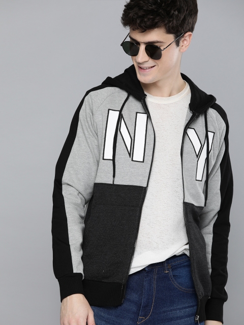 

HERE&NOW Men Grey Melange & Black Colourblocked Hooded Sweatshirt