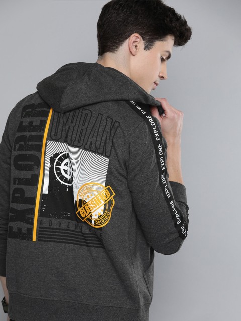 

HERE&NOW Men Charcoal Grey Back Printed Hooded Sweatshirt with Side Taping