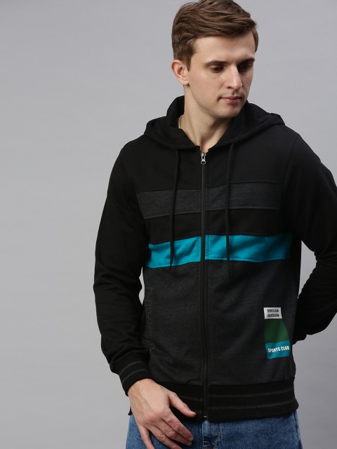 

HERE&NOW Men Black & Teal Blue Striped Hooded Sweatshirt with Printed Detail