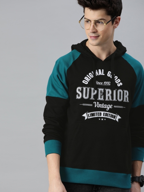 

HERE&NOW Men Black & Teal Blue Embroidered Hooded Sweatshirt