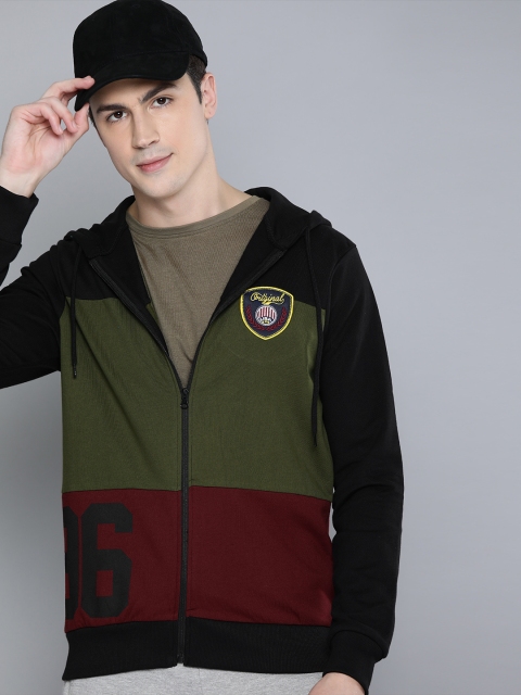 

HERE&NOW Men Black & Olive Green Colourblocked Hooded Sweatshirt