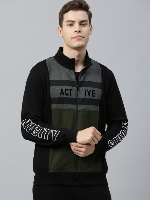 

HERE&NOW Men Black & Olive Green Colourblocked Sweatshirt With Printed Detailing