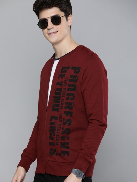 

HERE&NOW Men Maroon Printed Front-Open Sweatshirt