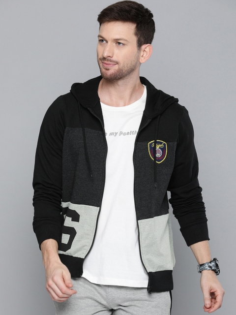 

HERE&NOW Men Black & Grey Colourblocked Hooded Sweatshirt