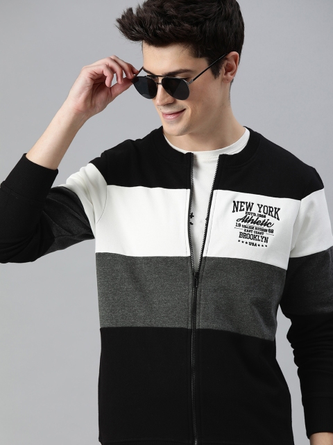 

HERE&NOW Men Black & White Colourblocked Front-Open Sweatshirt