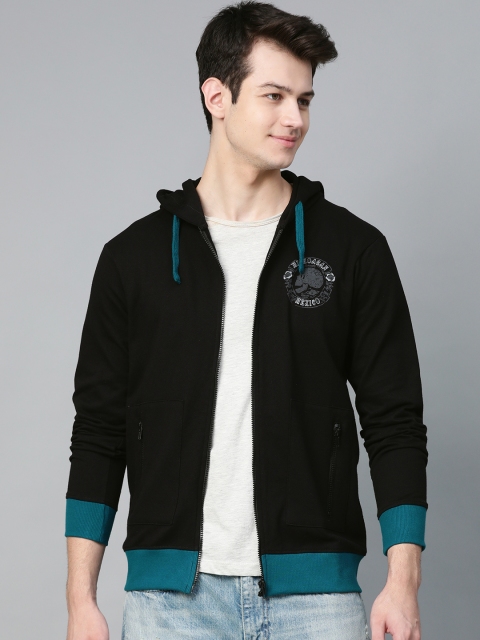 

HERE&NOW Men Black & Grey Printed Hooded Sweatshirt