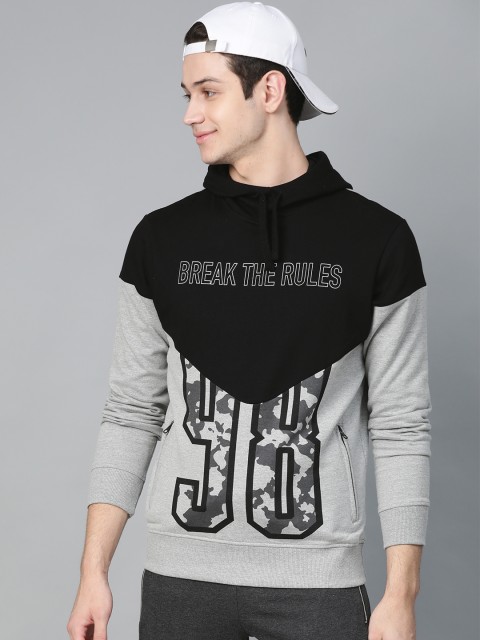 

HERE&NOW Men Grey & Black Colourblocked Hooded Sweatshirt