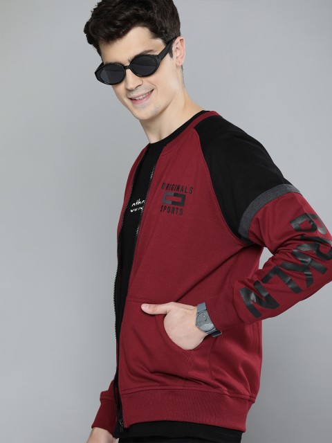 

HERE&NOW Men Maroon Solid Sweatshirt with Printed Sleeves
