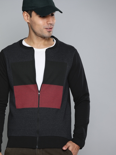 

HERE&NOW Men Charcoal Grey & Maroon Colourblocked Sweatshirt