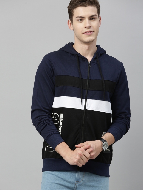 

HERE&NOW Men Navy Blue & Black Colourblocked Hooded Sweatshirt