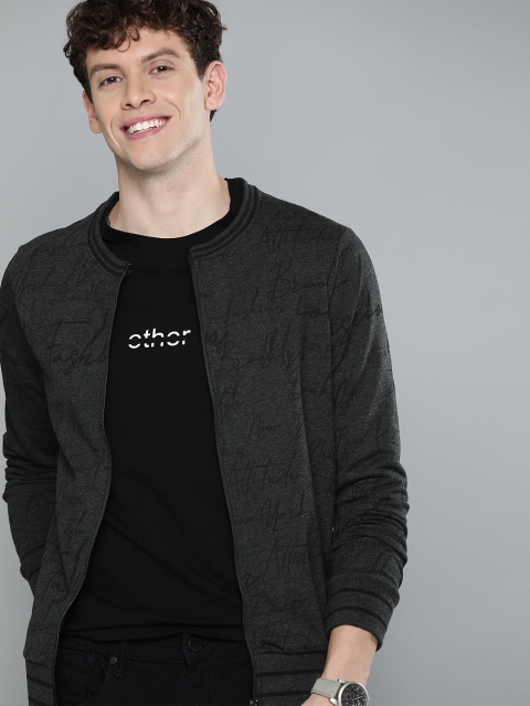 

HERE&NOW Men Charcoal Grey Printed Front-Open Sweatshirt