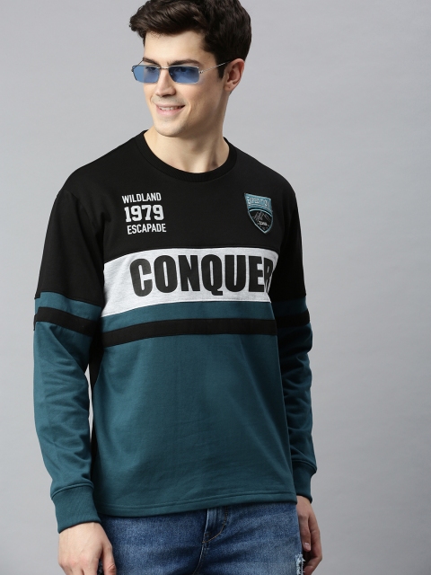 

HERE&NOW Men Teal Blue & Black Colourblocked Sweatshirt