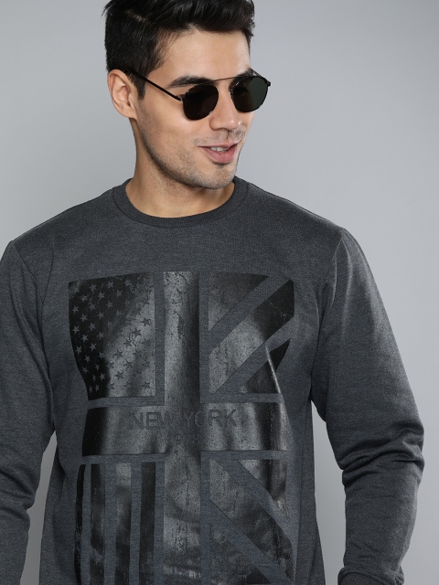 

HERE&NOW Men Charcoal & Black Printed Sweatshirt