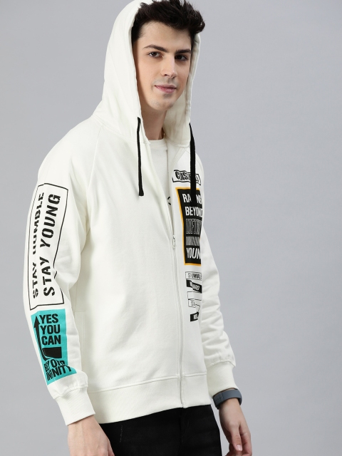 

HERE&NOW Men White Printed Hooded Front-Open Sweatshirt