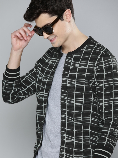 

HERE&NOW Men Charcoal Grey & Off-White Printed Front-Open Sweatshirt