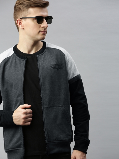 

HERE&NOW Men Charcoal & Black Colourblocked Hooded Sweatshirt