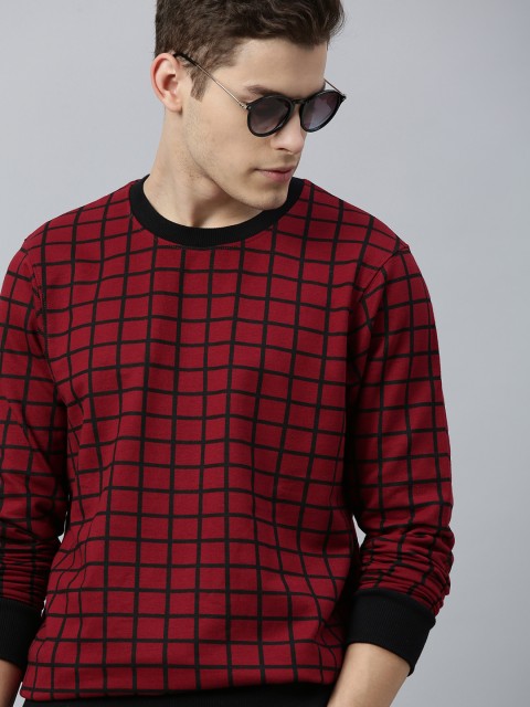 

HERE&NOW Men Maroon & Black Checked Sweatshirt
