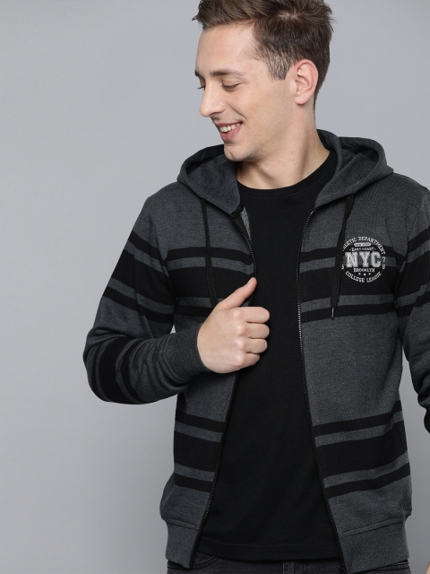 

HERE&NOW Men Charcoal Grey & Black Striped Hooded Sweatshirt