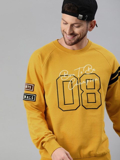 

HERE&NOW Men Mustard Yellow & Black Self Design Sweatshirt