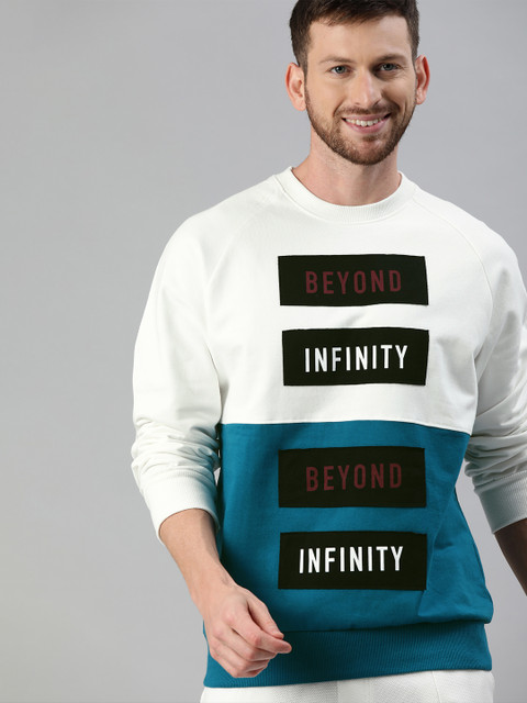 

HERE&NOW Men White & Teal Blue Colourblocked Sweatshirt