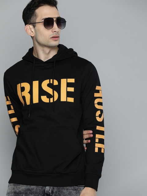 

HERE&NOW Men Black & Orange Printed Hooded Sweatshirt