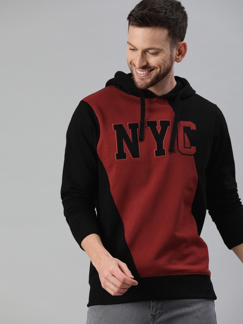 

HERE&NOW Men Black & Maroon Colourblocked Hooded Sweatshirt