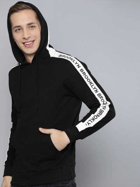 

HERE&NOW Men Black Solid Hooded Sweatshirt with Printed Sleeve