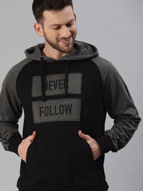 

HERE&NOW Men Black & Charcoal Grey Printed Hooded Sweatshirt with Applique Detail