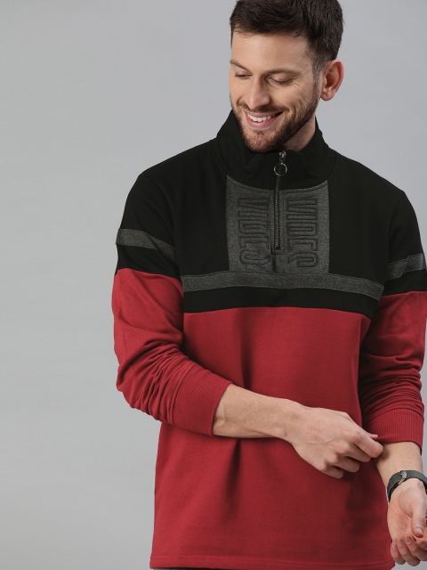 

HERE&NOW Men Black & Maroon Colourblocked Sweatshirt