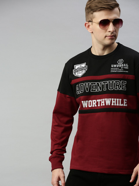 

HERE&NOW Men Maroon & Black Colourblocked Sweatshirt