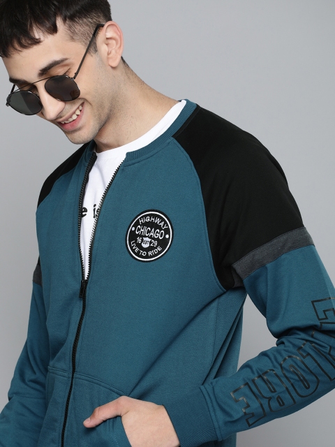 

HERE&NOW Men Teal & Black Colourblocked Sweatshirt