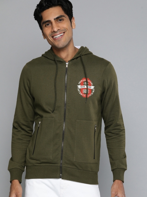 

HERE&NOW Men Olive Green Solid Hooded Sweatshirt