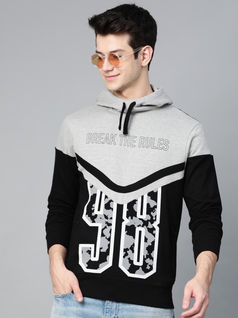 

HERE&NOW Men Black & Grey Colourblocked Hooded Sweatshirt