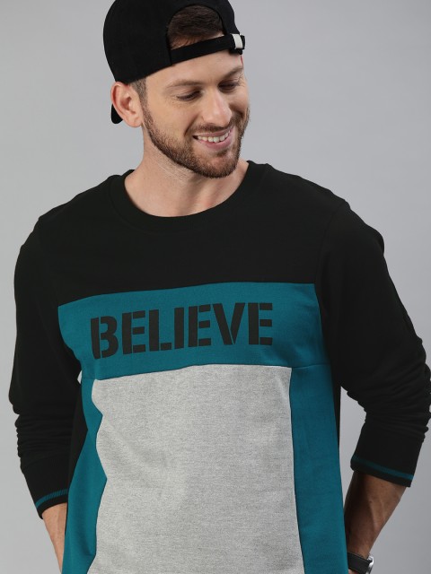 

HERE&NOW Men Black & Grey Colourblocked Sweatshirt