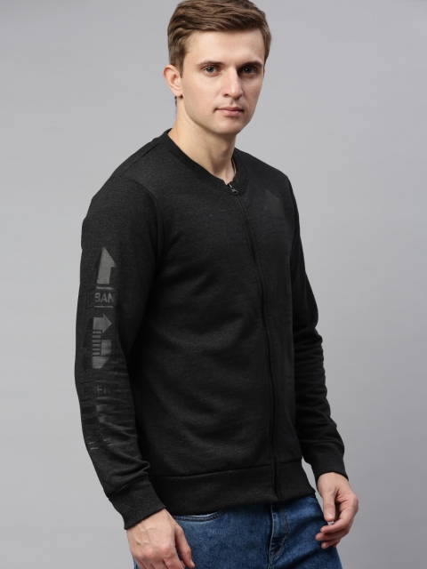 

HERE&NOW Men Charcoal Grey Solid Sweatshirt with Print on Sleeves