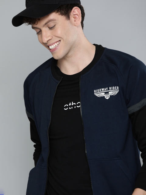 

HERE&NOW Men Navy Blue Solid Front Open Sweatshirt with Contrast Sleeves