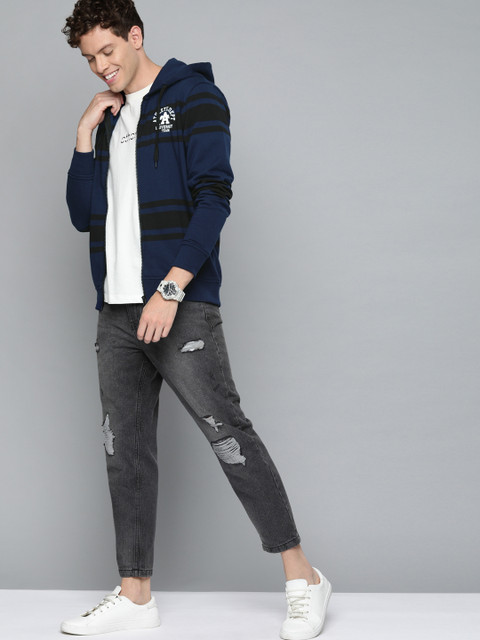

HERE&NOW Men Navy Blue & Black Striped Hooded Sweatshirt