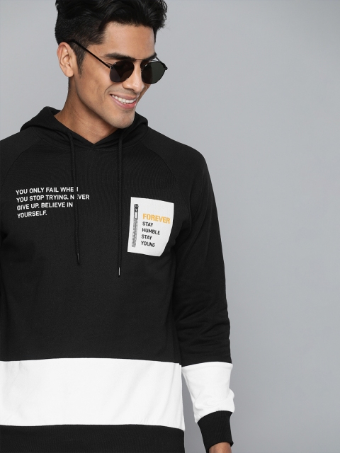

HERE&NOW Men Black & White Colourblocked Hooded Sweatshirt