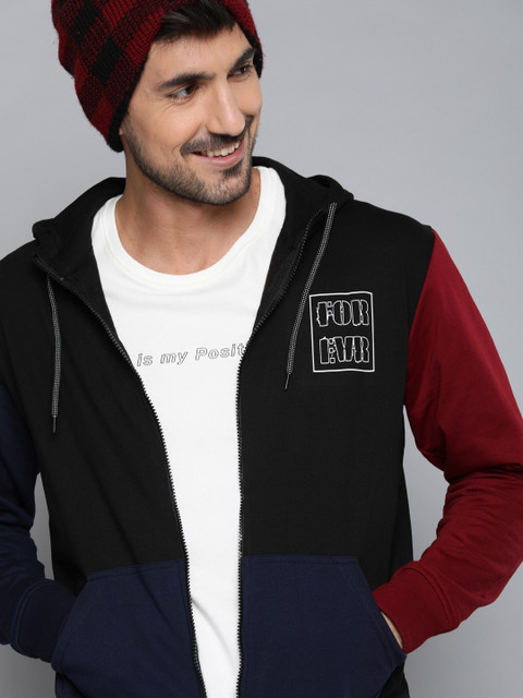 

HERE&NOW Men Blue & Black Colourblocked Round Neck Sweatshirt