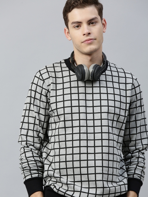 

HERE&NOW Men Grey & Black Checked Sweatshirt