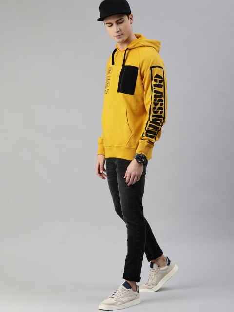 

HERE&NOW Men Mustard Yellow Printed Hooded Sweatshirt