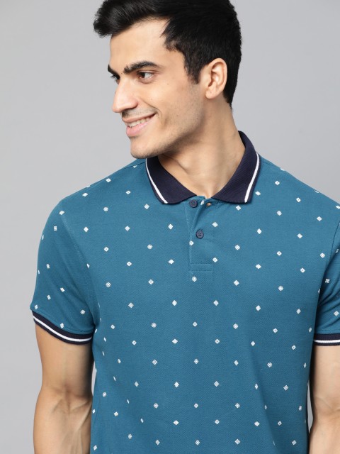 

Mast & Harbour Men Teal Blue & White Printed Polo Collar T-shirt