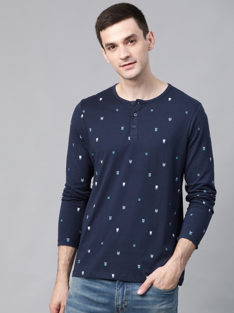 

Mast & Harbour Men Navy Blue & Pink Printed Henley Neck T-shirt