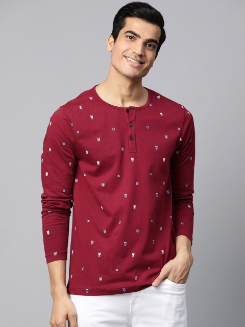 

Mast & Harbour Men Maroon Printed Henley Neck T-shirt