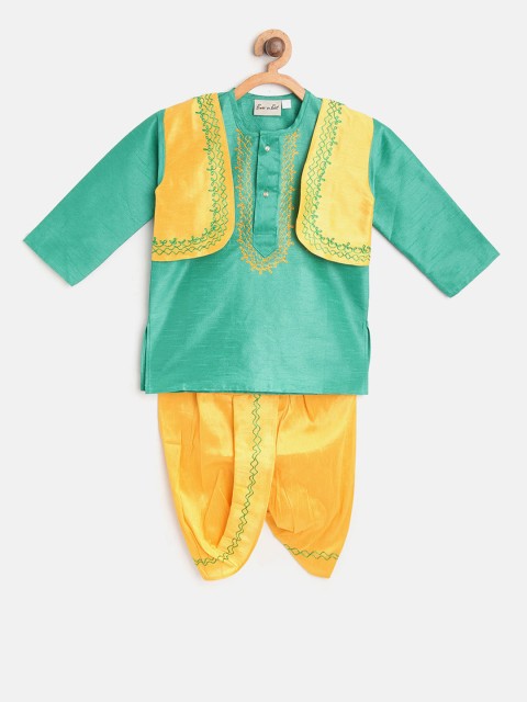 

BownBee Boys Green & Yellow Embroidered Kurta with Dhoti Pants & Attached Jacket
