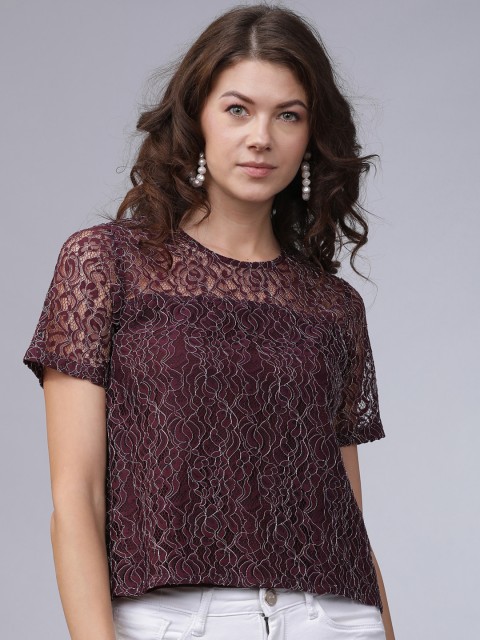 

Tokyo Talkies Women Burgundy Self Design Top