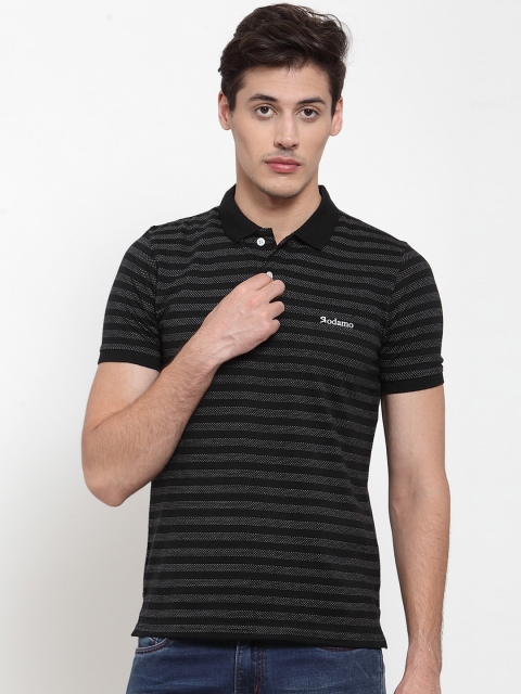 

Rodamo Men Black & White Striped Polo Collar T-shirt
