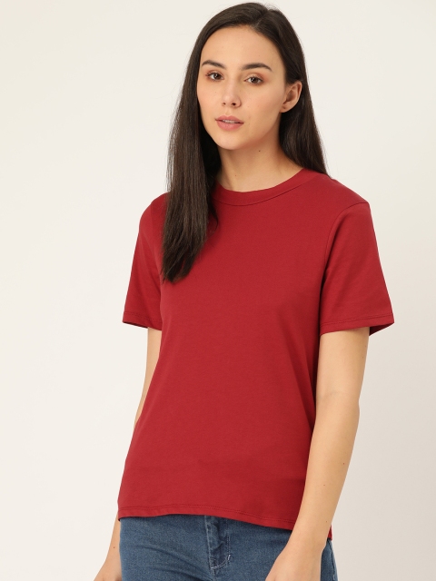 

ether Women Maroon Solid Crew Neck Supima T-shirt