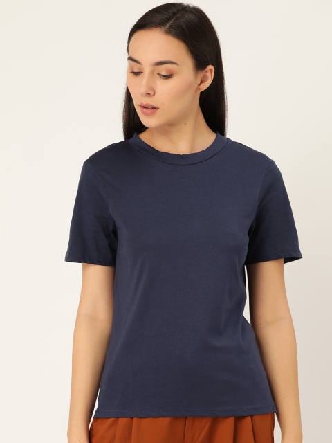 

ether Women Navy Blue Solid Crew Neck Supima T-shirt